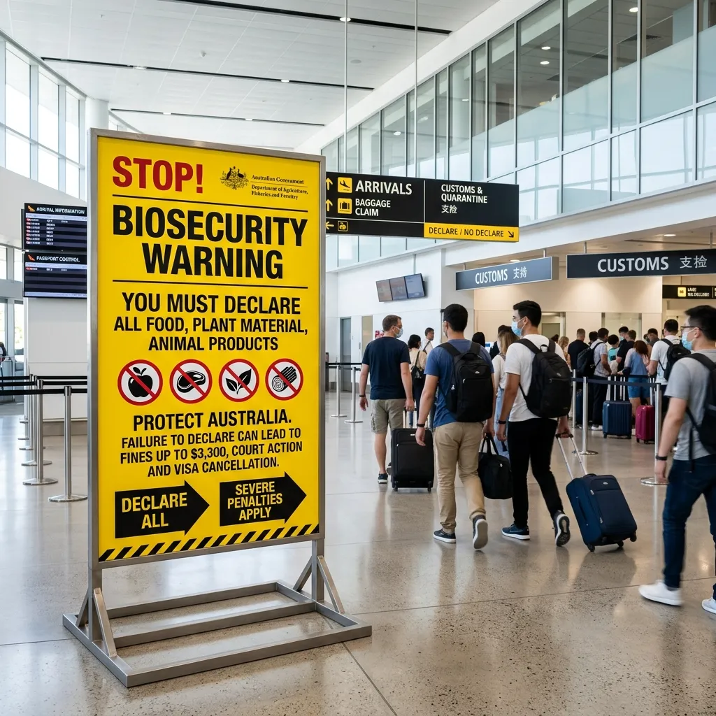 Airport customs and biosecurity information sign detailing strict quarantine laws in Australia.