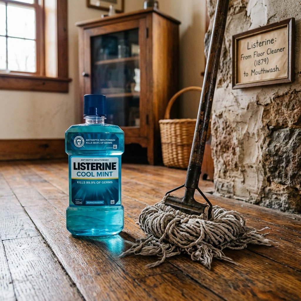 A modern blue bottle of Listerine mouthwash placed next to a vintage wooden floor mop, representing its bizarre history as a floor cleaner.
