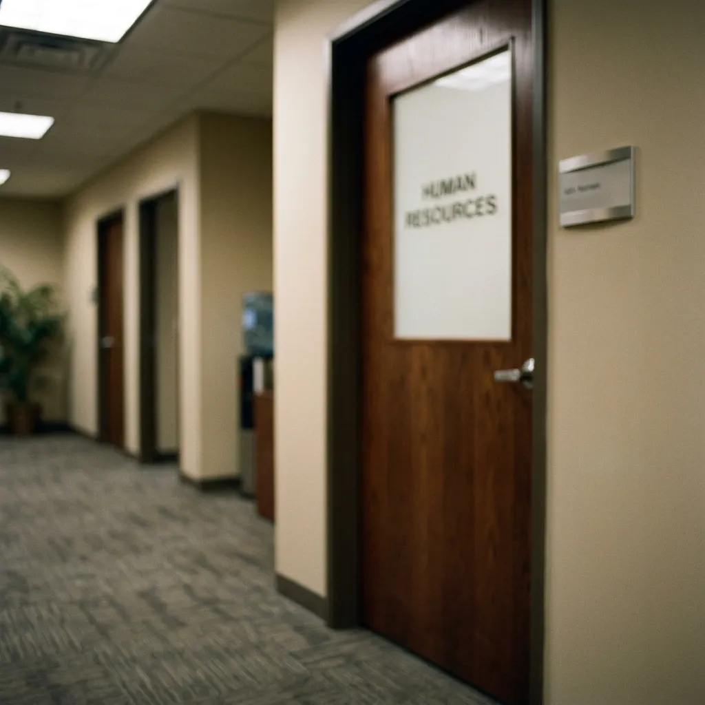 A blurred view of a corporate Human Resources office door, representing the risky consequences of employee boss hookup stories