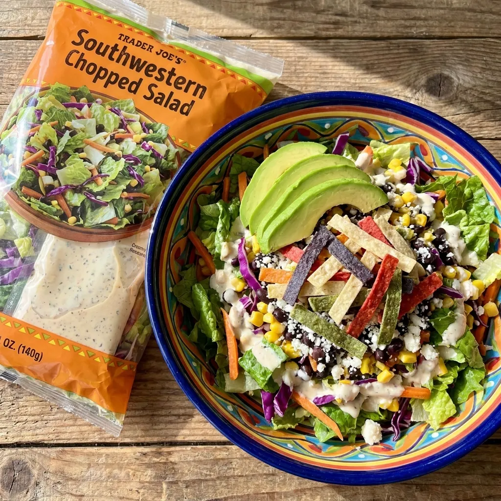 rader Joe's Southwestern Chopped Salad Kit served in a bowl with fresh avocado slices and crispy tortilla strips.