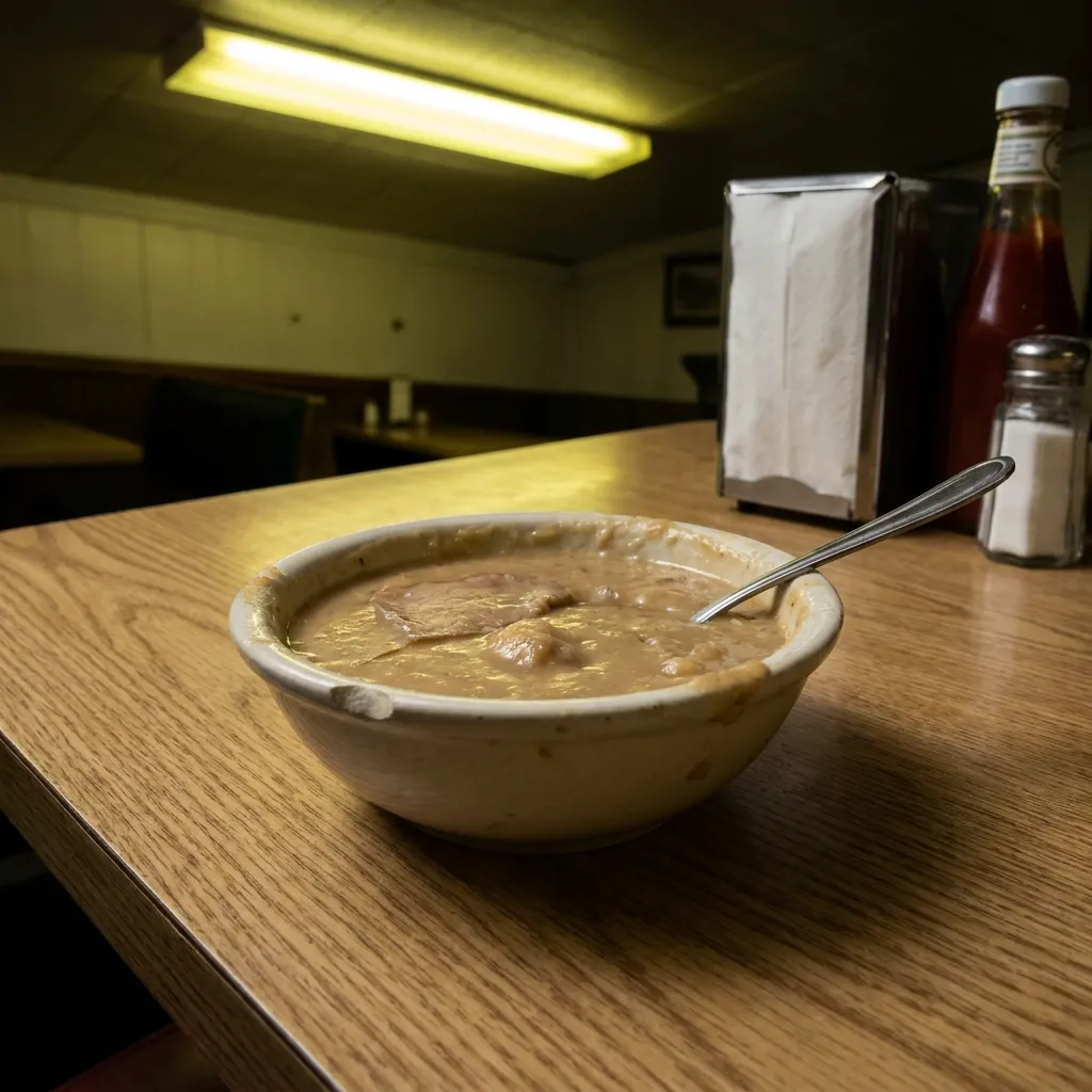 A bowl of soup looking unappetizing and lukewarm, indicating poor food safety practices.