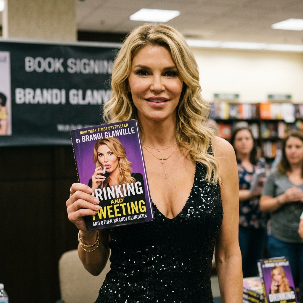 Brandi Glanville holding a copy of her bestselling tell-all memoir Drinking and Tweeting.