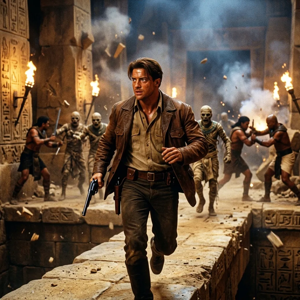 Brendan Fraser holding a revolver and running forward through a crumbling ancient Egyptian tomb while mummies fight in the smoky background.