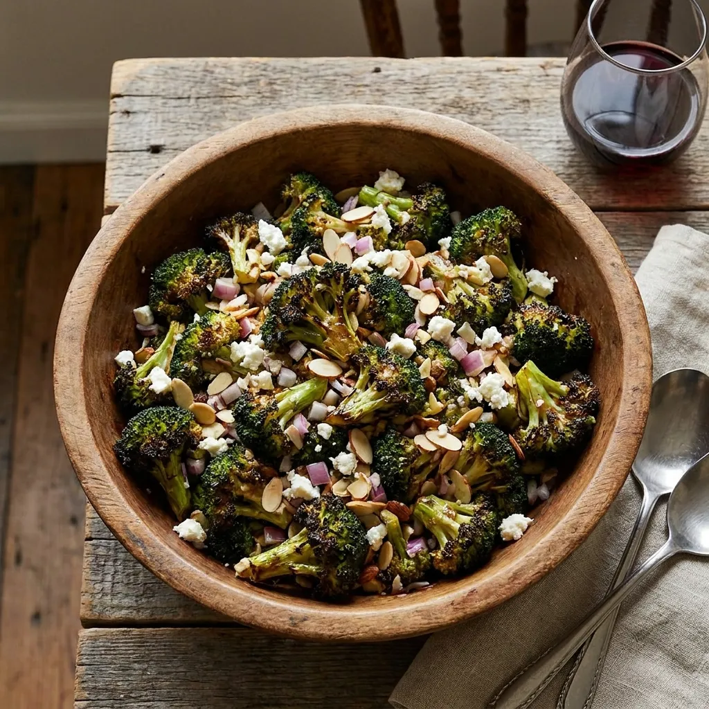 A large wooden bowl filled with roasted and charred broccoli salad, topped with sliced almonds and diced red onions.