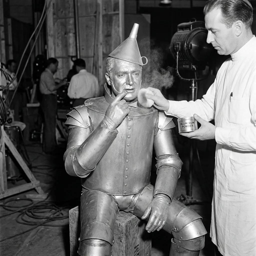 "Black and white behind-the-scenes photo of Buddy Ebsen sitting in his Tin Man costume while a makeup artist applies silver aluminum powder to his face