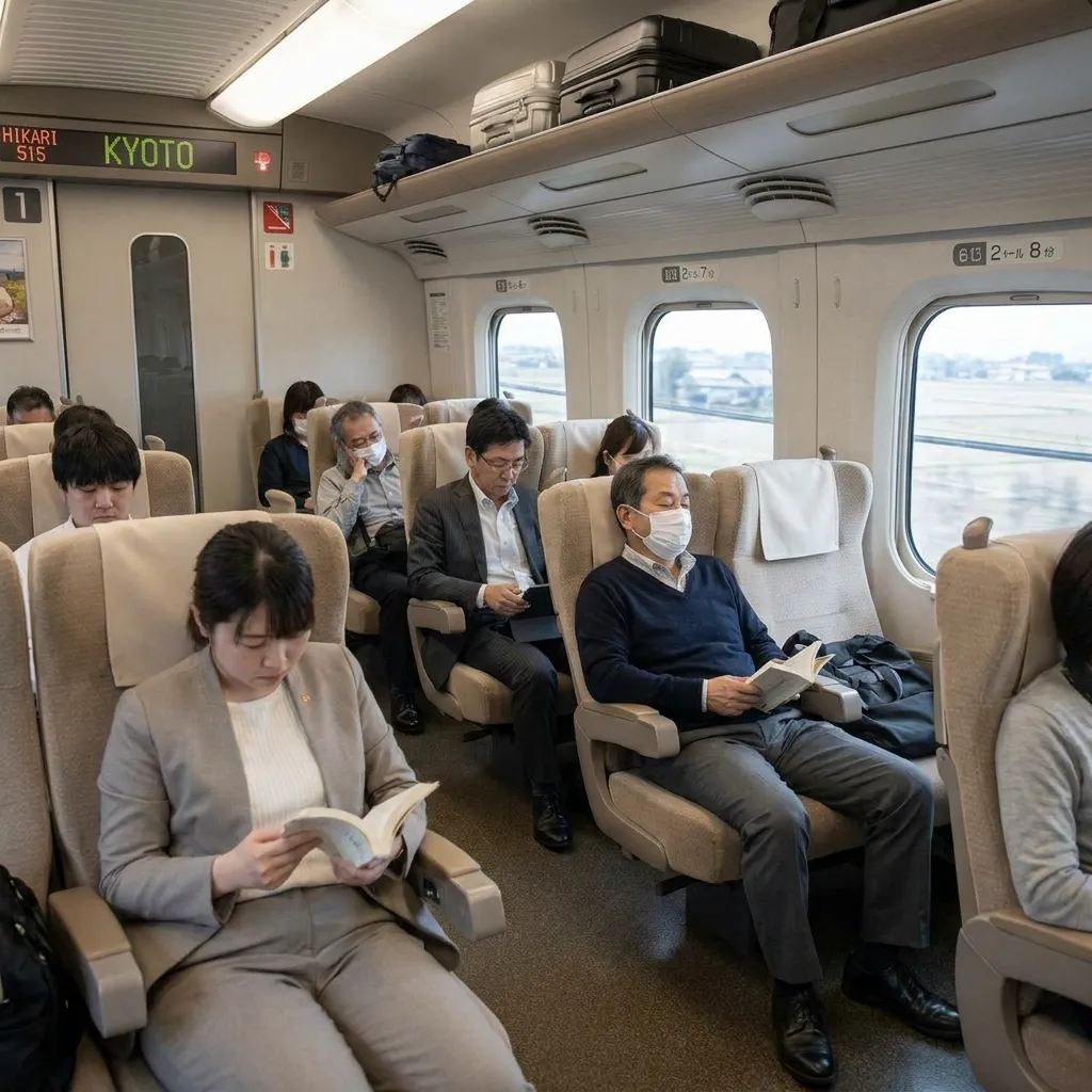 A quiet, orderly interior of a Japanese bullet train with passengers reading and relaxing respectfully