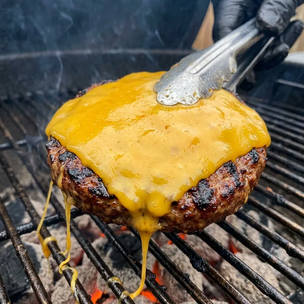 A thick grilled burger patty topped with perfectly melted, gooey cheddar cheese just before being removed from the barbecue grate, avoiding late-melting burger grilling mistakes