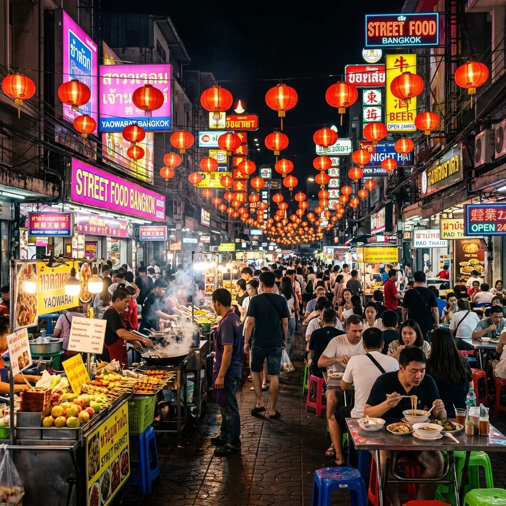 : Bustling night market in Bangkok with outdoor dining, bright neon signs, and glowing red lanterns