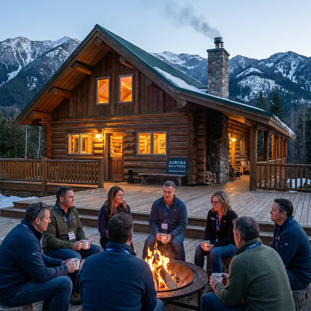 A cozy wooden cabin in the mountains at dusk, setting the scene for corporate retreat employee boss hookup stories