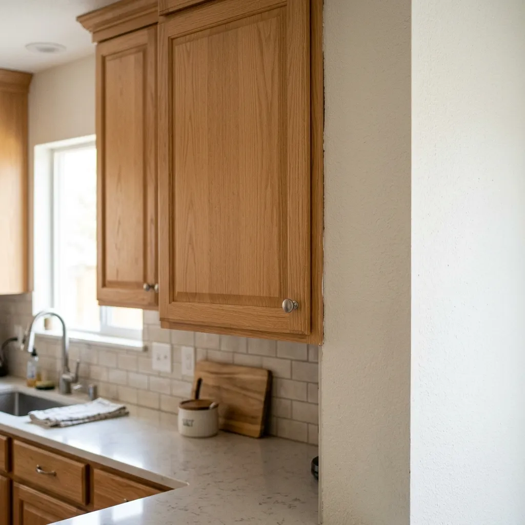 A kitchen cabinet door that is completely blocked from opening by an adjacent protruding wall