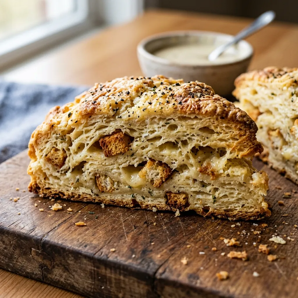 Close-up interior shot of a freshly baked Caesar salad scone showing flaky, cheesy layers and crunchy crouton pieces