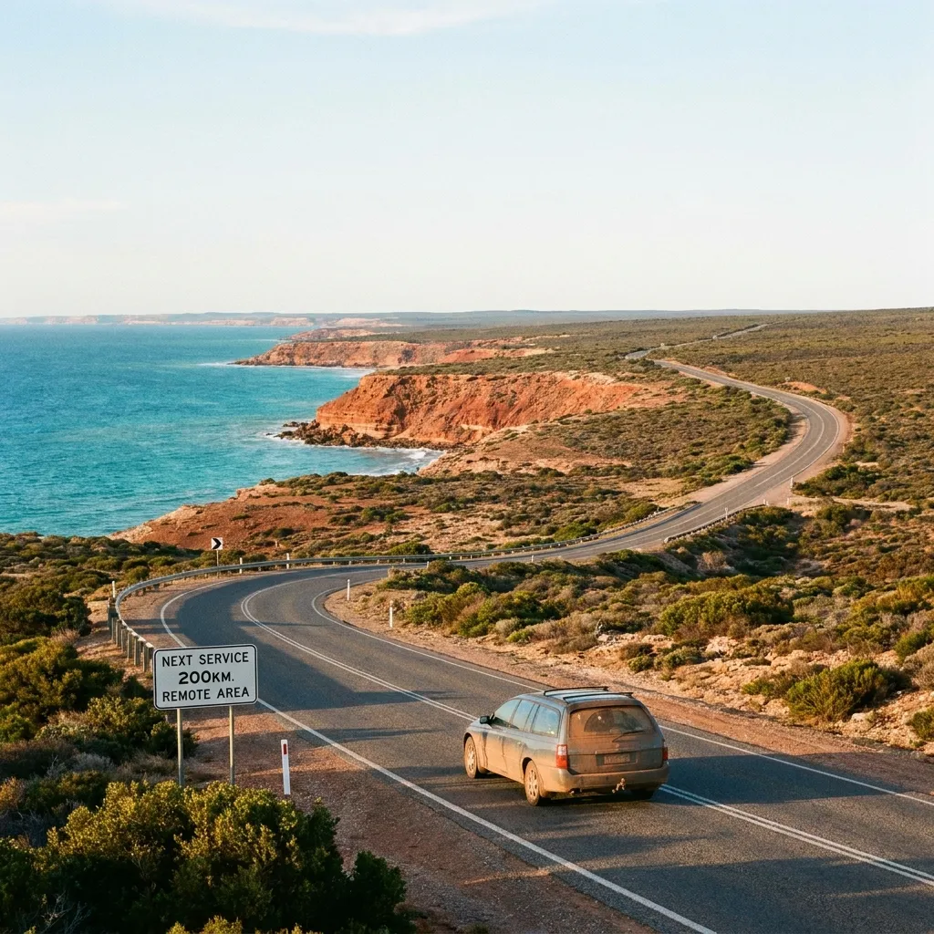 A lone car driving down a scenic Australian coastal highway illustrating the vast distances tourists underestimate when traveling