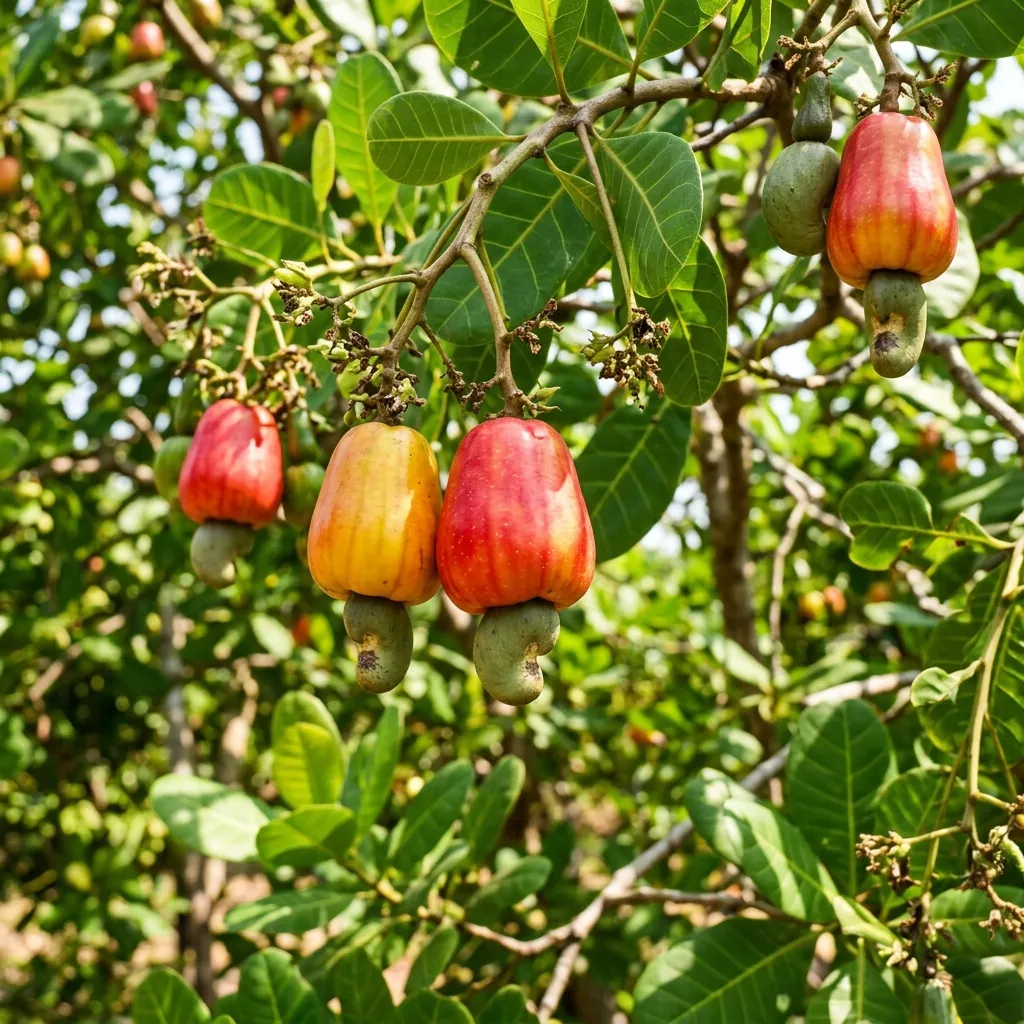 Raw cashew nuts hanging from the bottom of bright red and yellow cashew apples on a tree branch