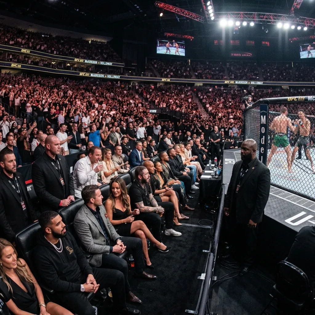 Wide shot of the star-studded VIP cageside seating showing various celebrities at the Conor McGregor vs Max Holloway fight at UFC 329