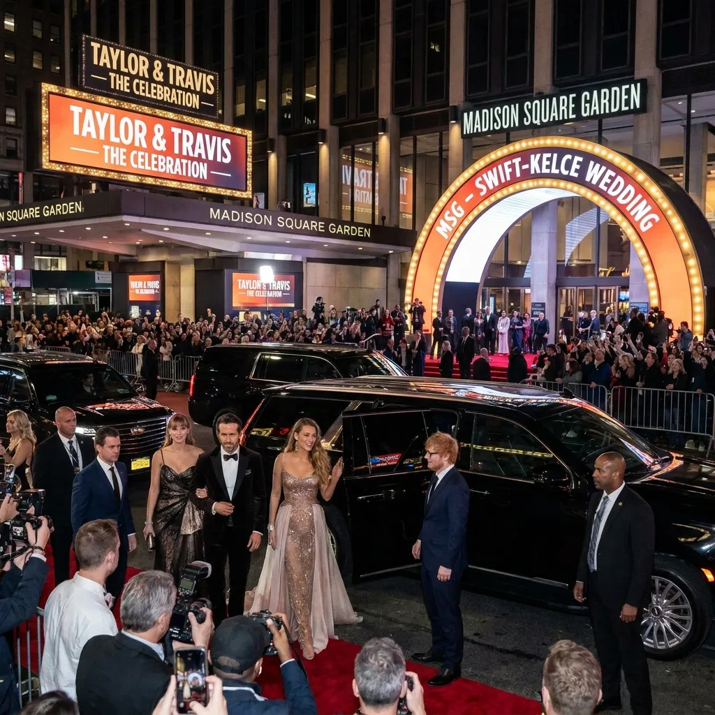 Star-studded guest arrivals outside Madison Square Garden for the exclusive Taylor Swift and Travis Kelce wedding celebration.