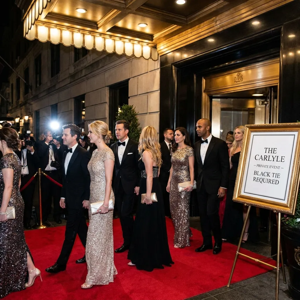 Glamorous celebrity guests arriving at a high-profile event in black-tie attire, highlighting the formal dress code of the Taylor Swift wedding guest rules.