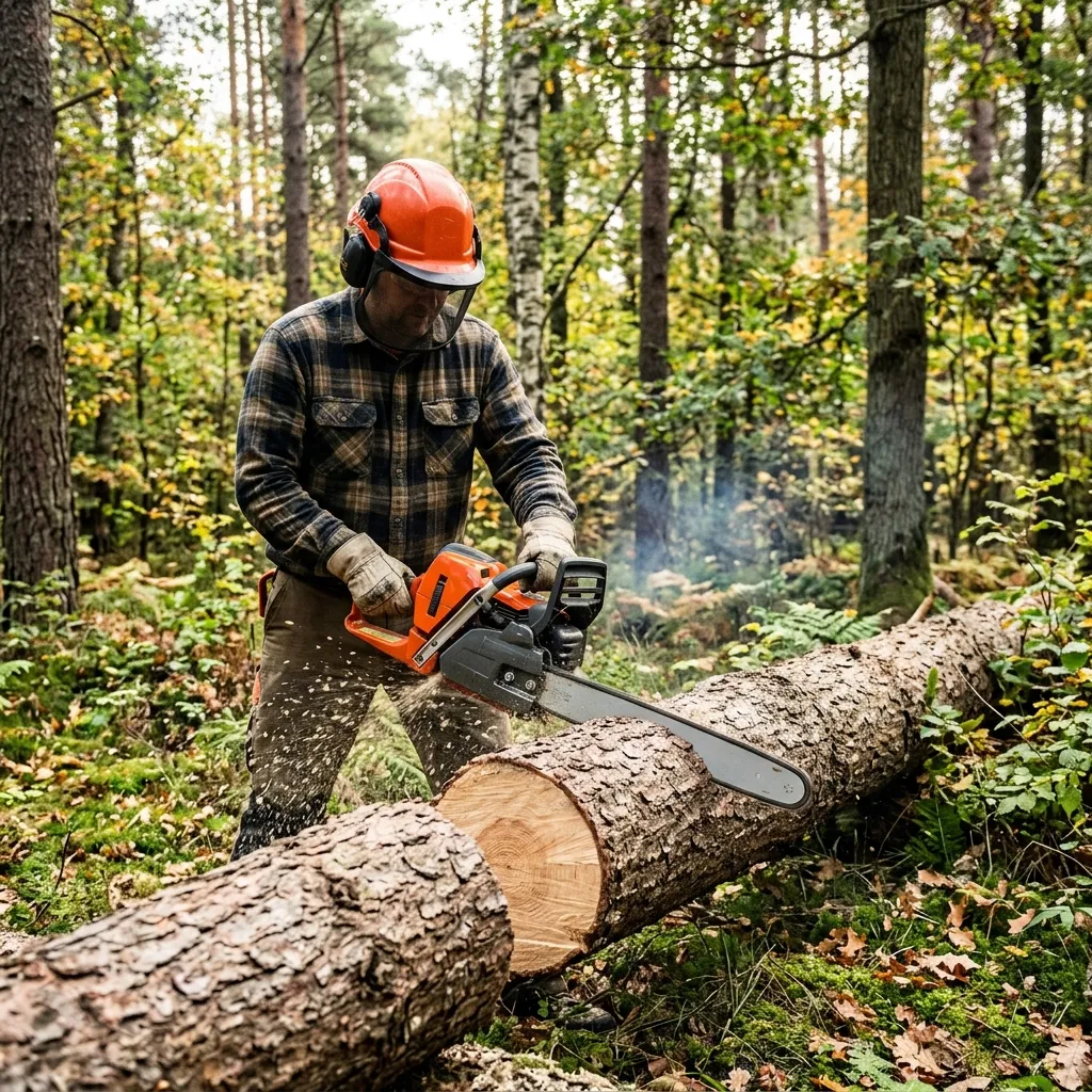 A modern motorized chainsaw cutting through a thick log in a forest setting, far removed from its original medical purpose.