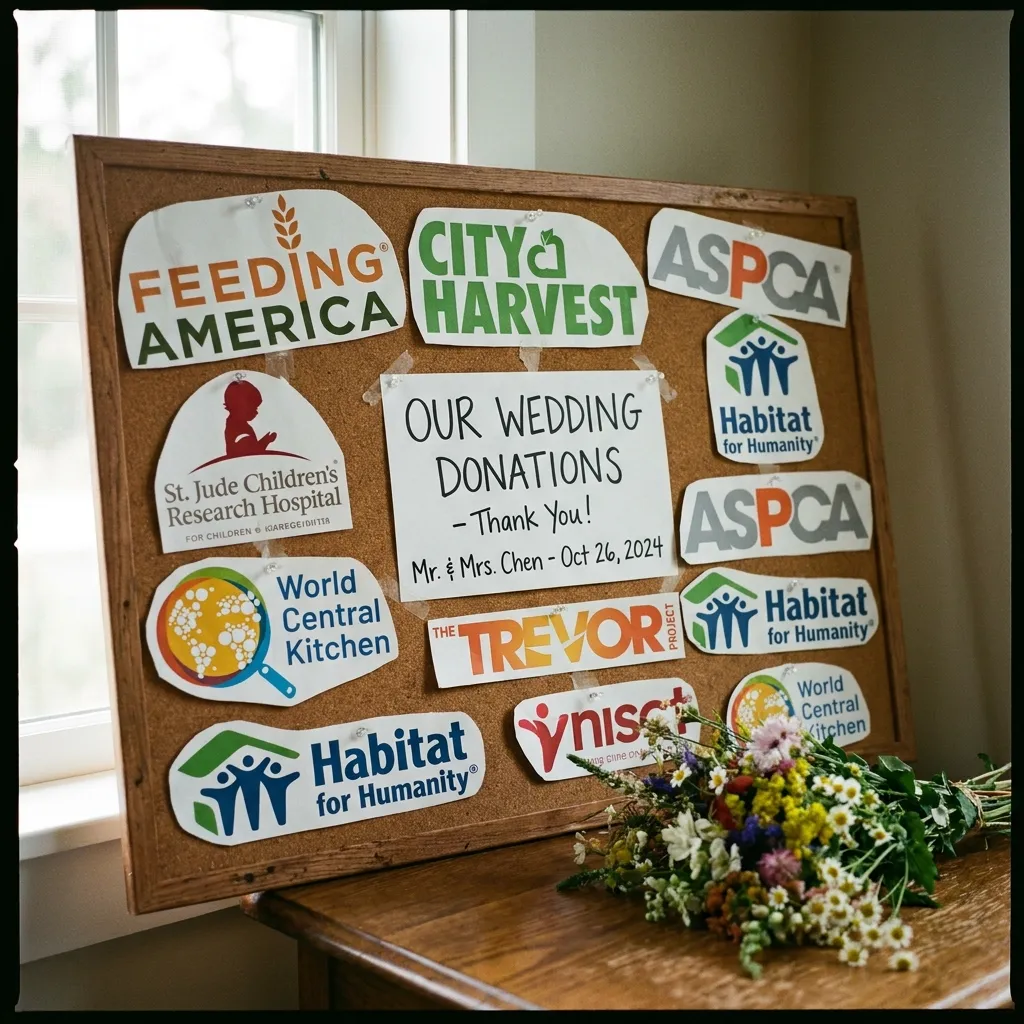 A rustic wedding corkboard displaying a central sign reading 'Our Wedding Donations - Thank You! Mr. & Mrs. Chen - Oct 26, 2024.' The sign is surrounded by cutout logos of charities including Feeding America, City Harvest, ASPCA, St. Jude Children's Research Hospital, World Central Kitchen, The Trevor Project, and Habitat for Humanity, with a wildflower bouquet resting on the wooden table below.