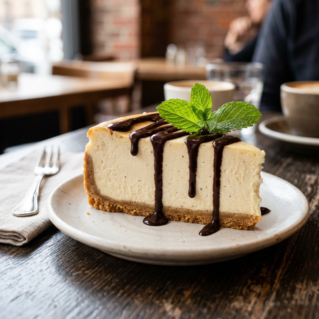 A slice of classic New York cheesecake drizzled with chocolate syrup and garnished with fresh mint.