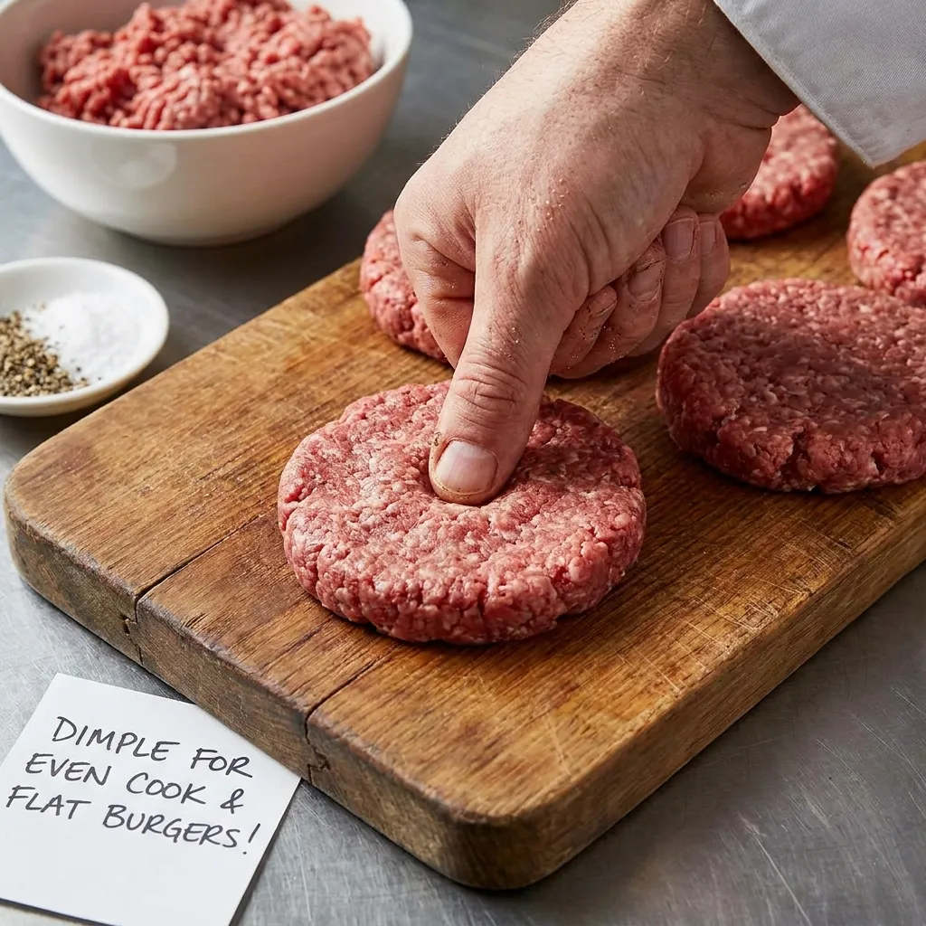 A chef's thumb pressing a shallow center dimple into a raw ground beef patty to ensure even cooking and avoid common burger grilling mistakes