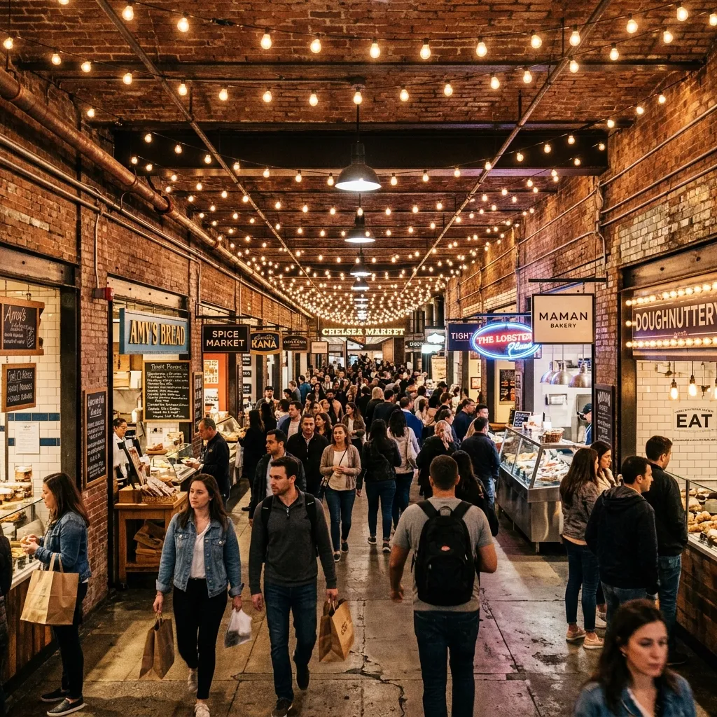 Visitors walking through the historic brick corridor of Chelsea Market in NYC.