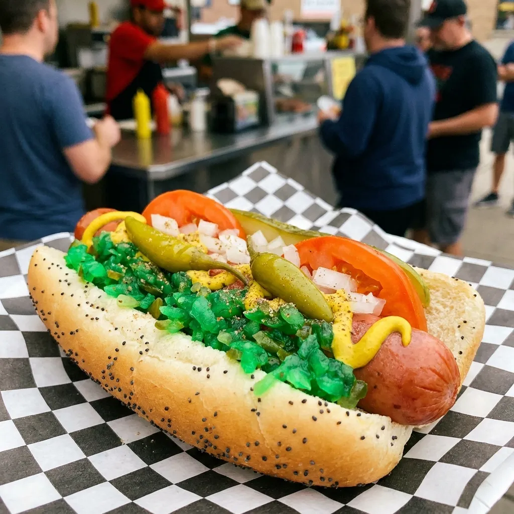 A classic Vienna Beef Chicago-style hot dog loaded with traditional, colorful toppings.