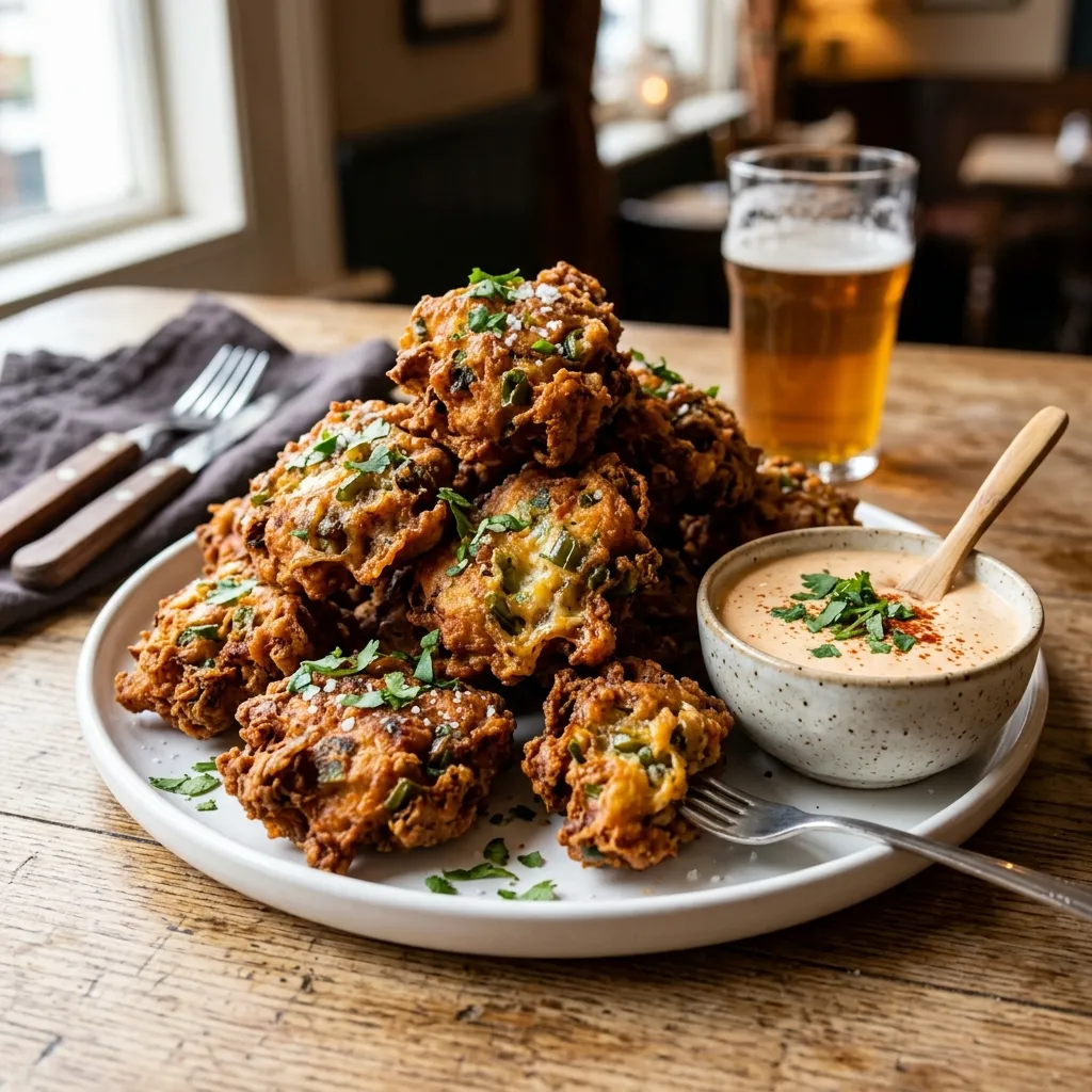 A white plate piled high with crispy, golden-brown chicken fritters stuffed with jalapeños, served next to a small bowl of creamy dipping sauce.