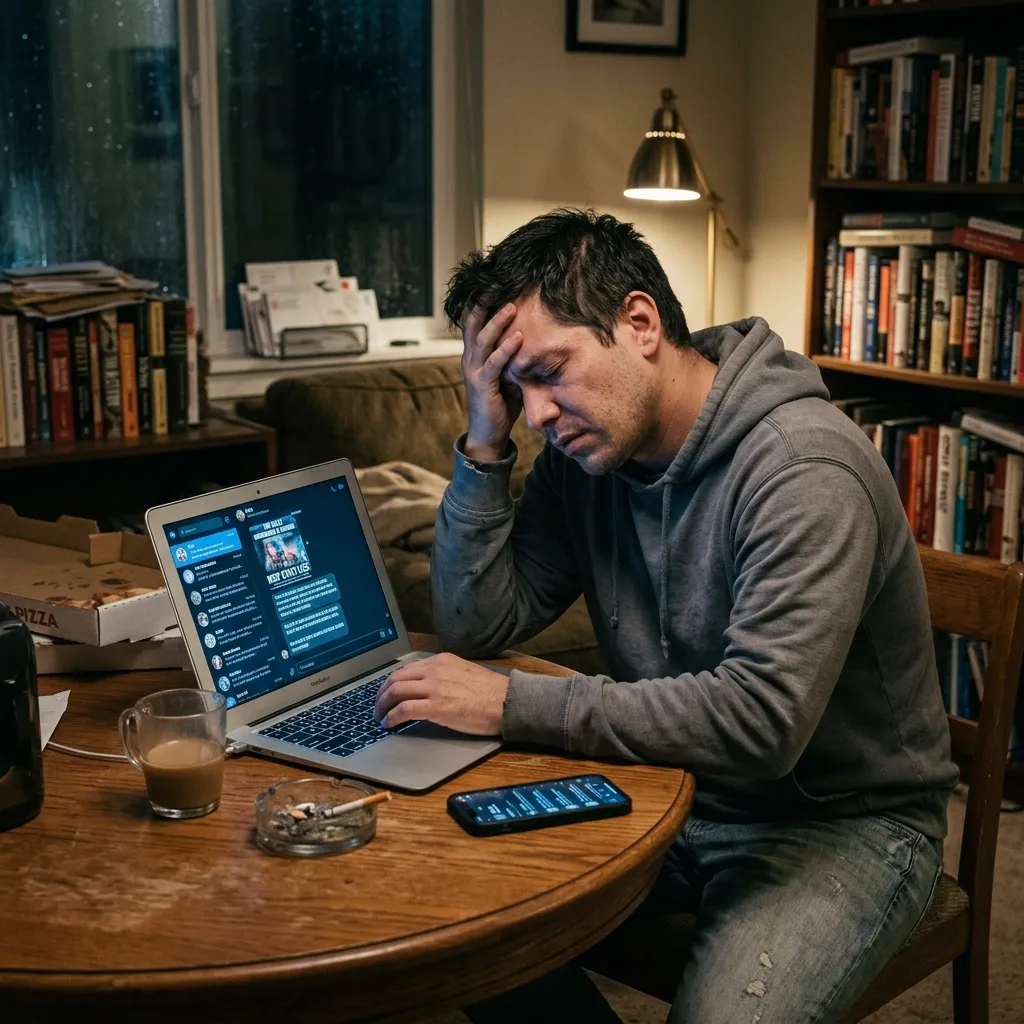 An adult child feeling utterly exhausted and defeated by the constant digital struggle with their far-right extremist parent.