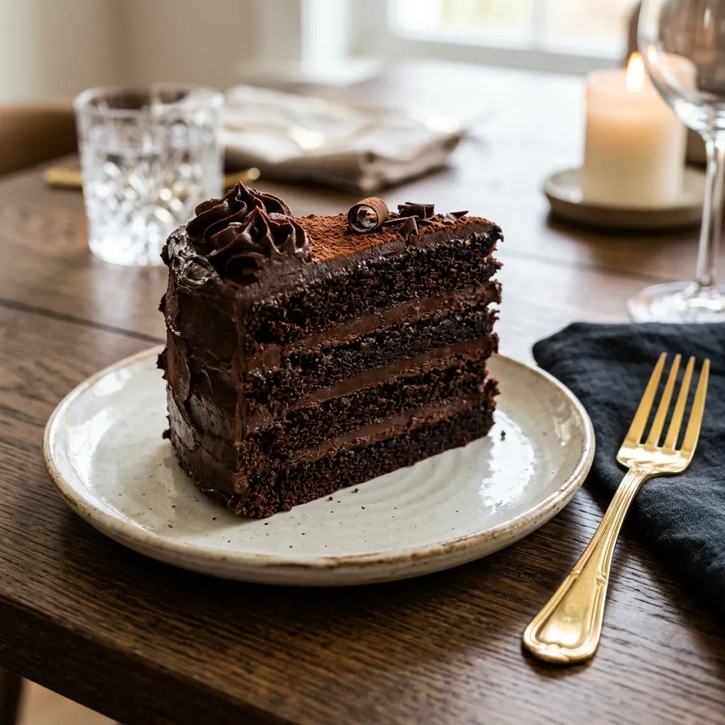 A thick slice of layered chocolate cake with dark frosting on a plate next to a gold fork.