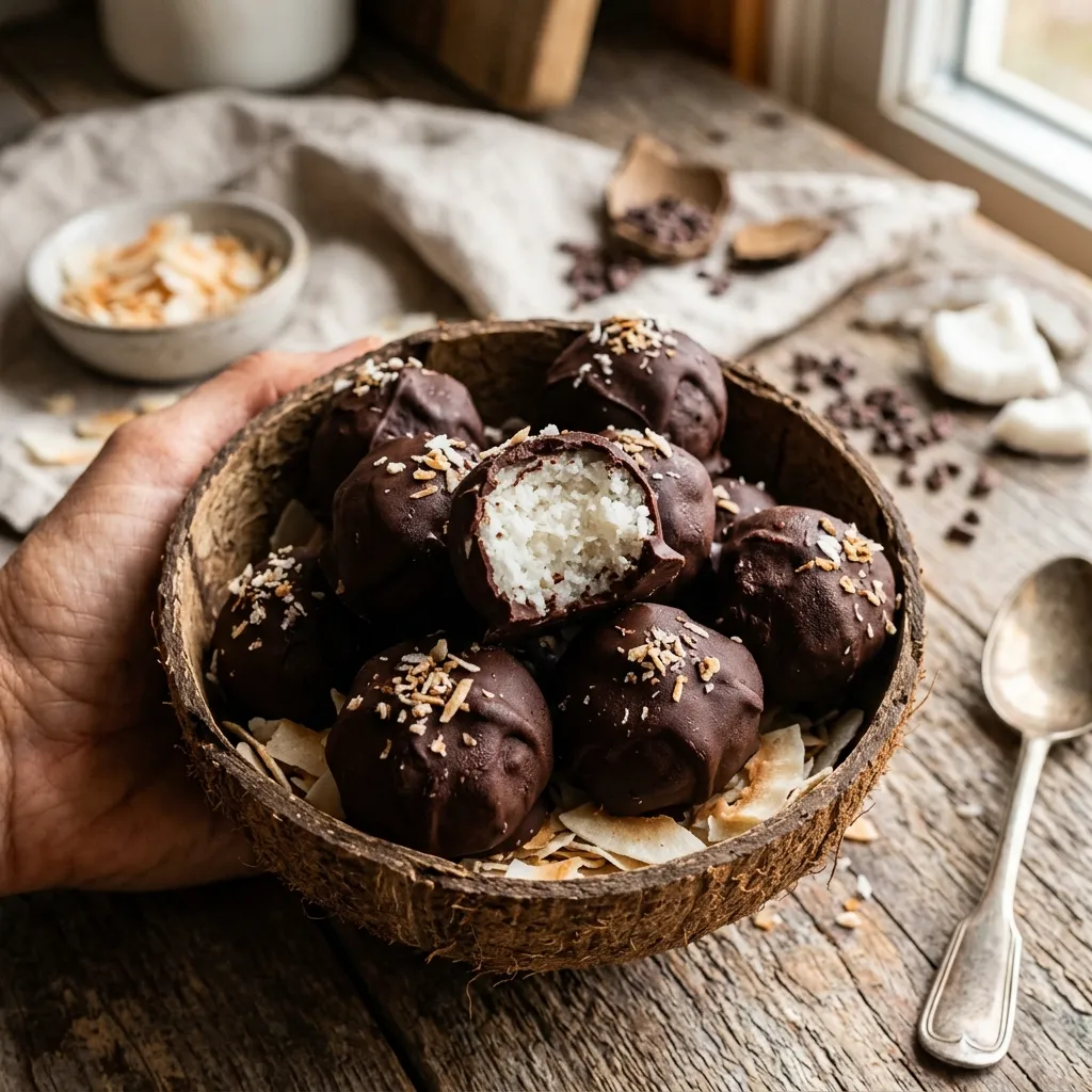 Chocolate-covered coconut mounds styled inside a rustic coconut shell half.