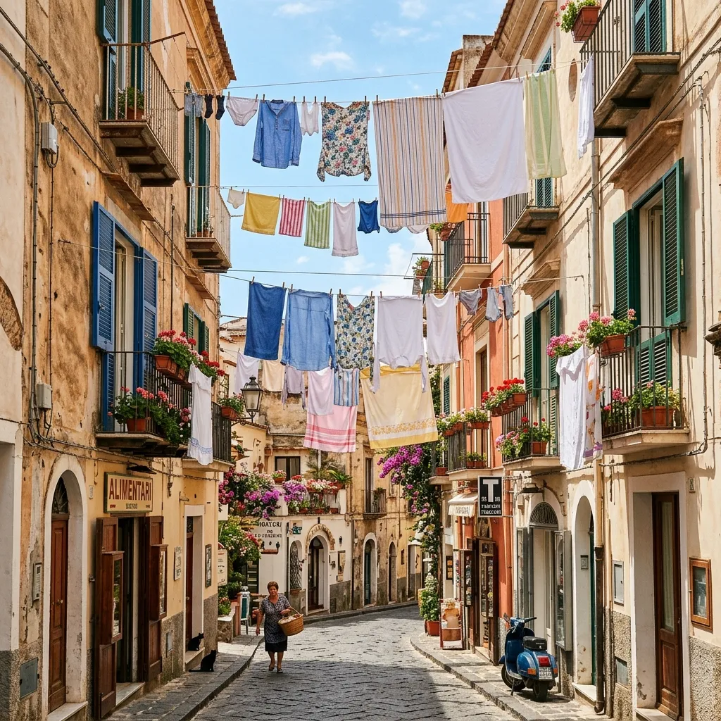 Traditional clotheslines with freshly washed laundry hanging across a sunlit Italian street.
