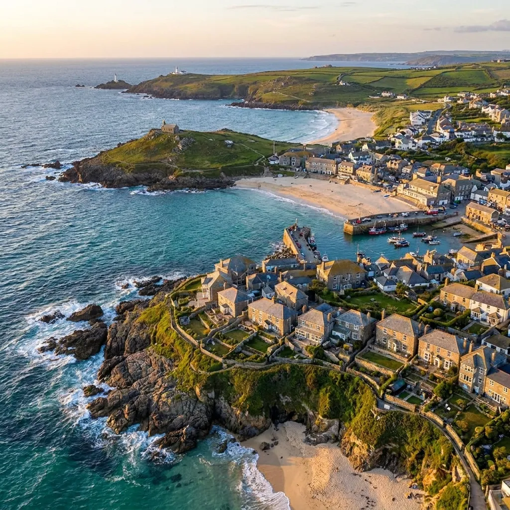 A breathtaking aerial view of a rugged coastal town in Cornwall, England featuring sandy beaches and historic cottages
