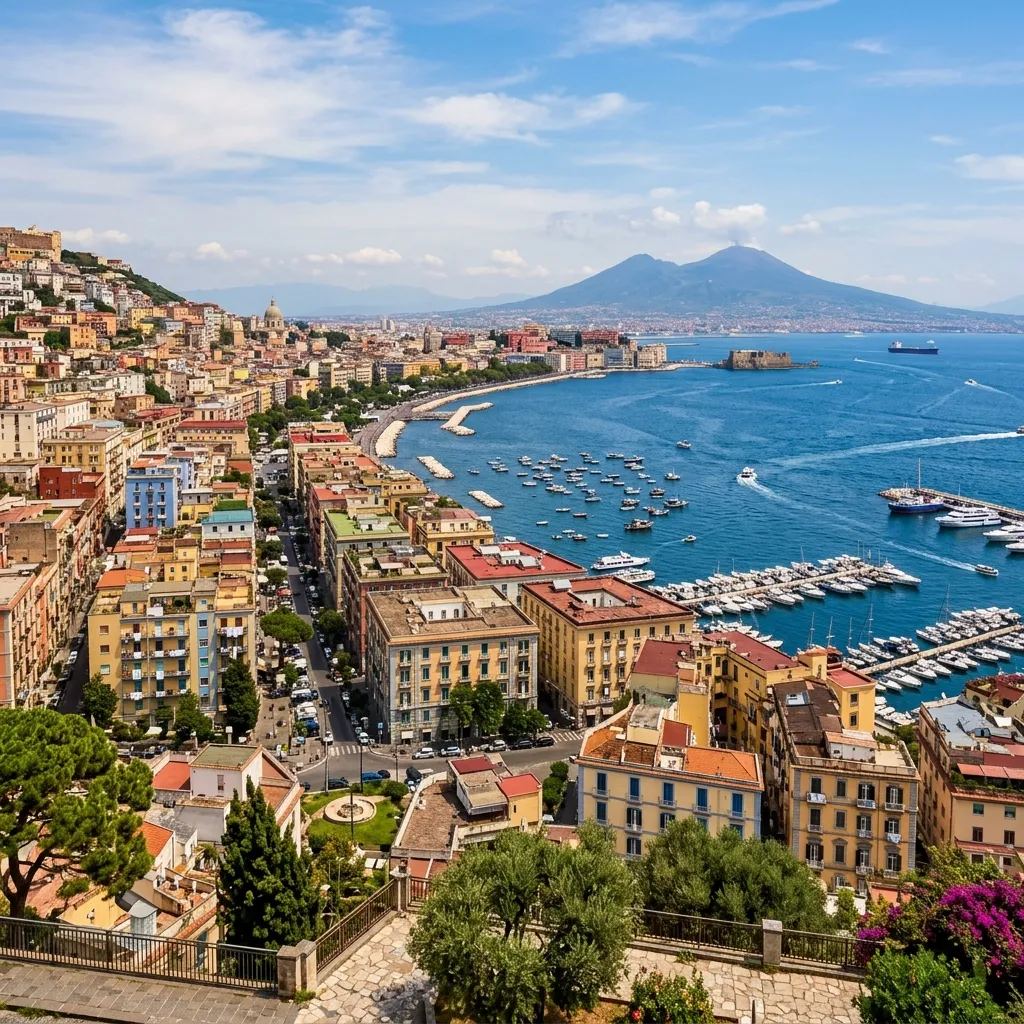 Coastal view of Naples with colorful buildings overlooking a bustling harbor and the deep blue Mediterranean Sea