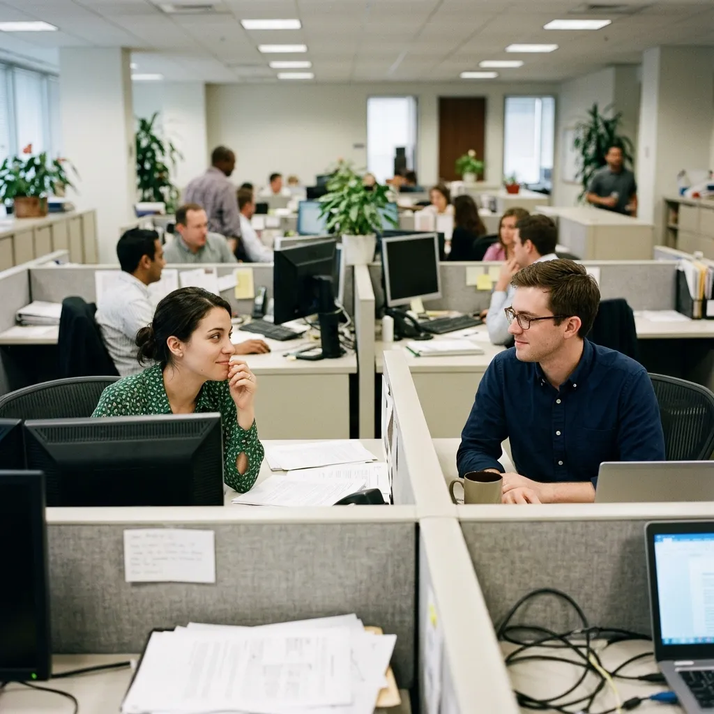 A candid office photo showing a male and female colleague sharing a knowing look across cubicles, illustrating a secret workplace romance often found in real forbidden relationship stories.]