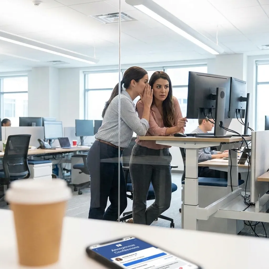 Two colleagues whispering secretly in a modern corporate office setting, depicting workplace anonymous side chick confessions