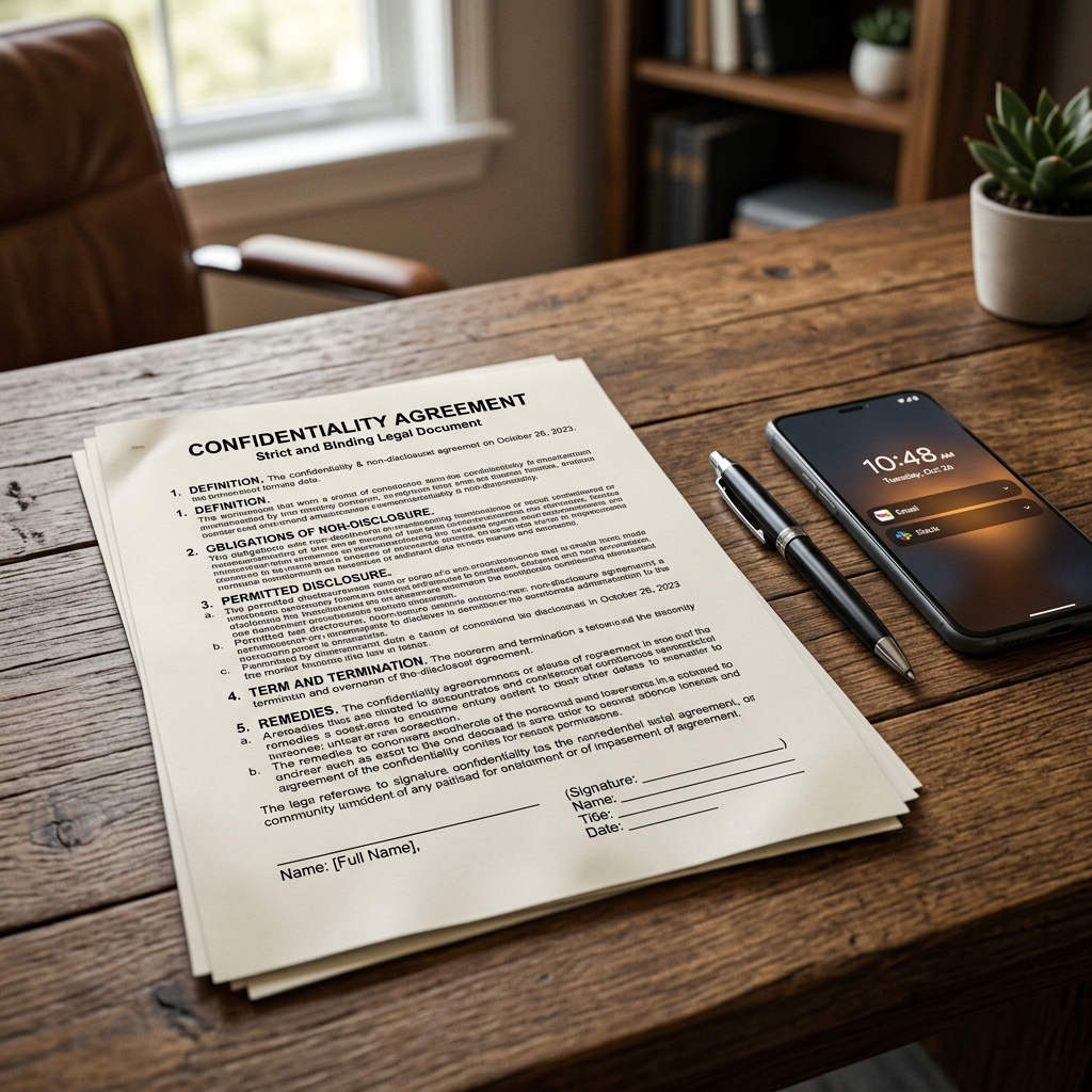 A strict-looking confidentiality agreement document on a wooden desk next to a pen and a glowing smartphone.]