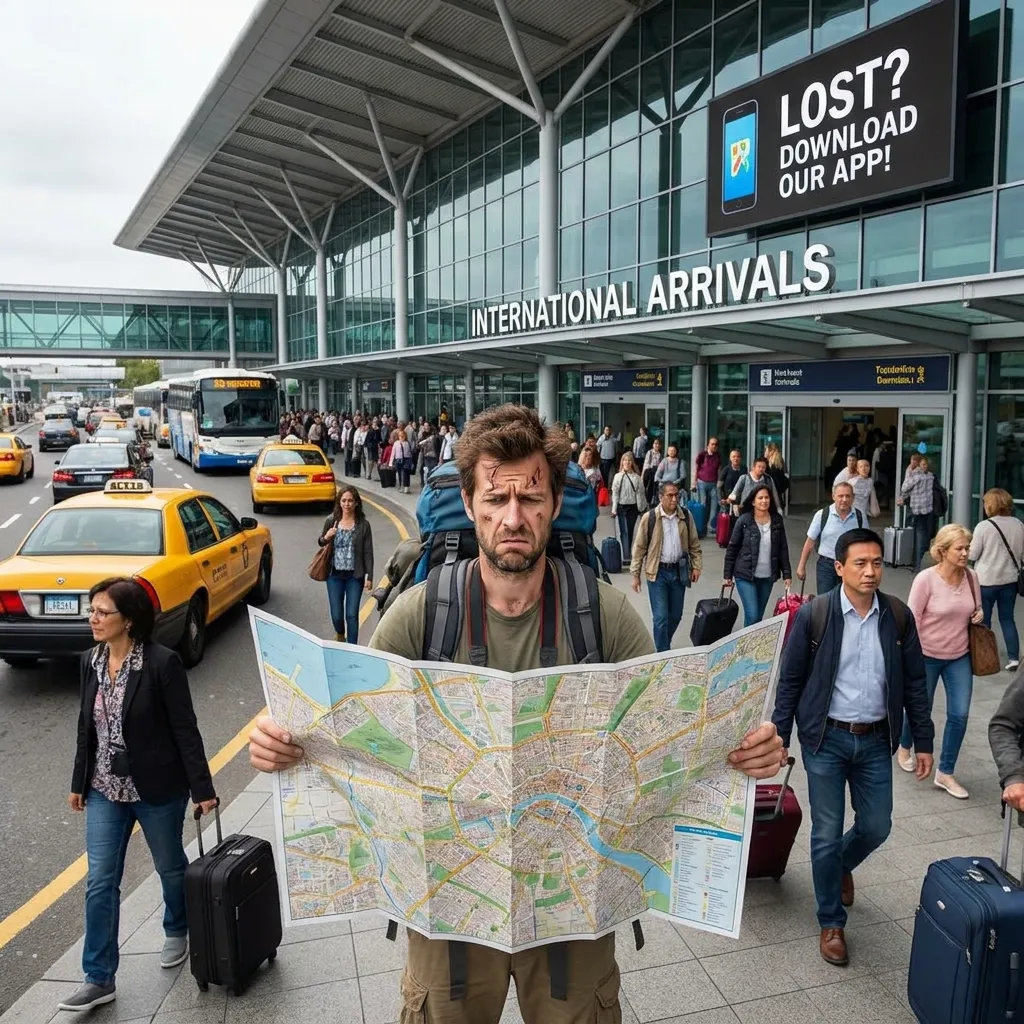 Common tourist mistakes around the world concept showing a confused traveler holding a massive paper map in front of a busy international airport terminal