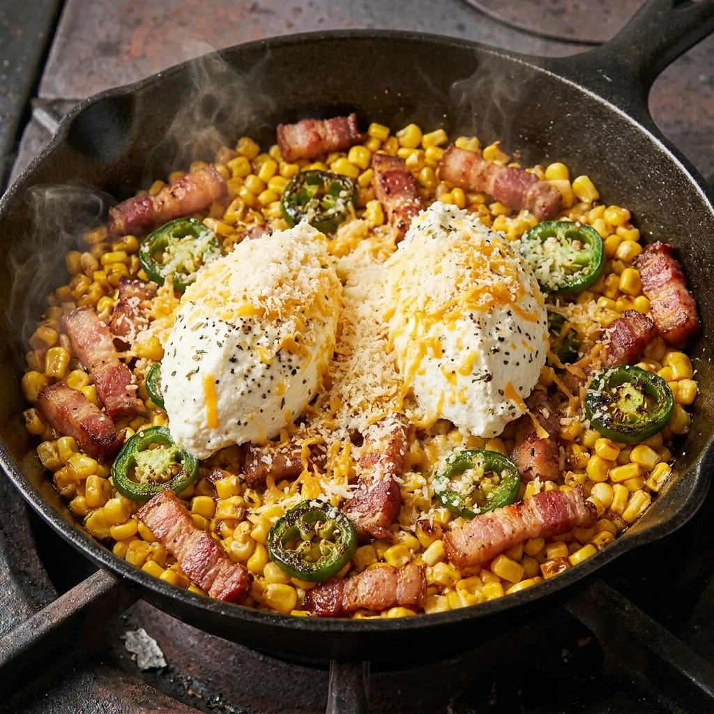 Sweet corn, crispy bacon, and jalapeños sizzling in a pan, topped with two dollops of seasoned ricotta cheese and sprinkled generously with grated cheese.