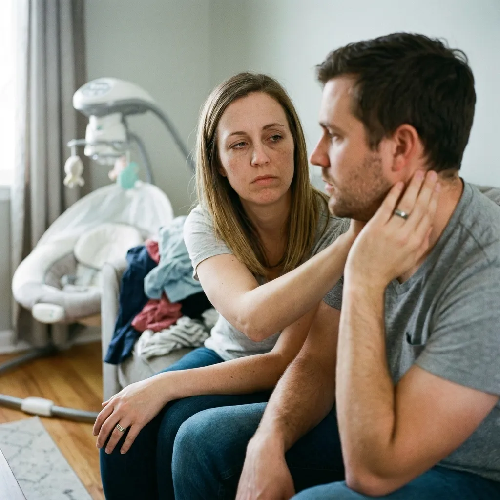 A close-up photo of a married couple having a strained argument in their living room, reflecting the emotional disconnect that can lead to divorce after a baby.
