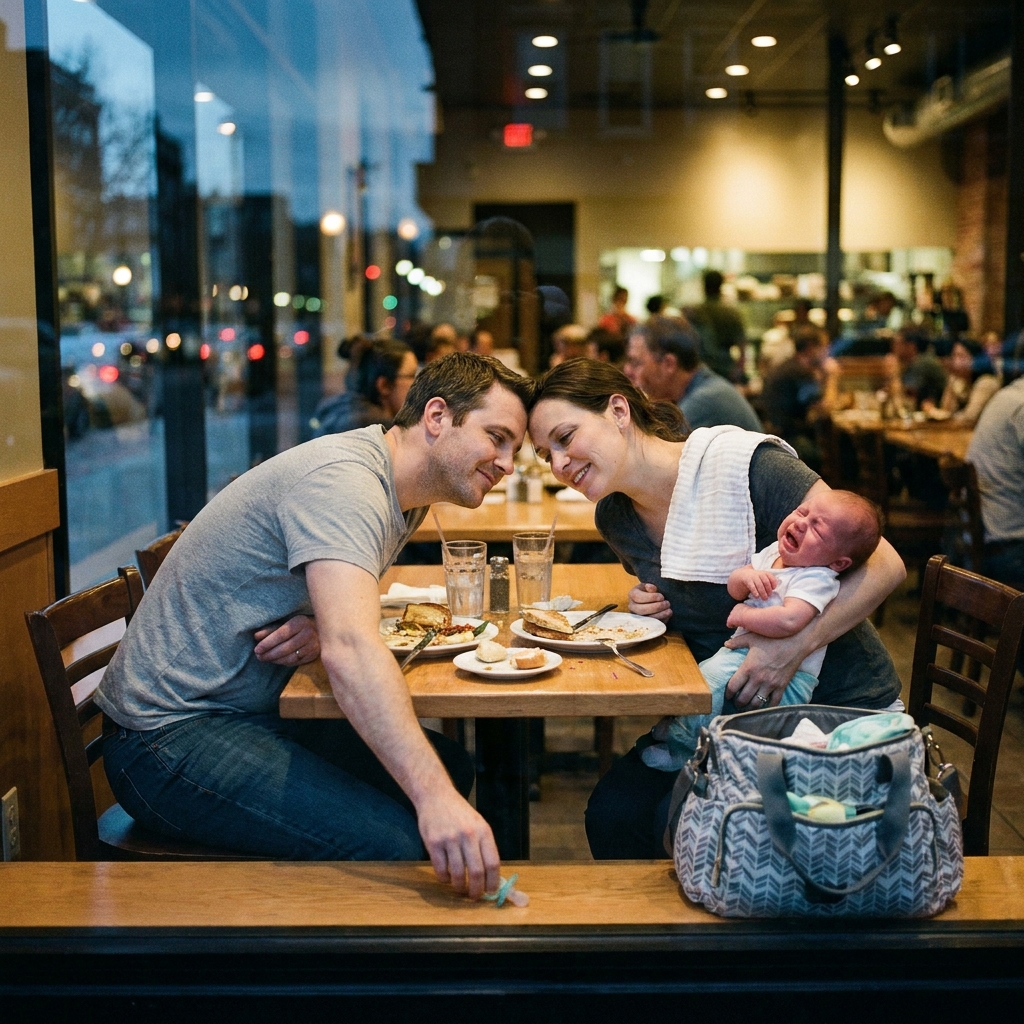 A candid evening photograph of a couple attempting to connect over dinner while monitoring their baby, showcasing the challenges new parents face in balancing intimacy and responsibility.