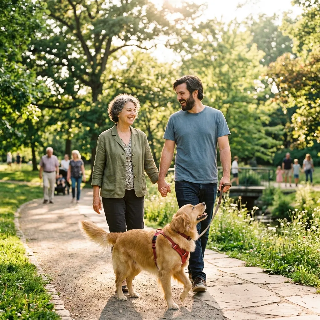 A joyful couple navigating huge age gap relationships by enjoying a sunny outdoor walk together with their dog.