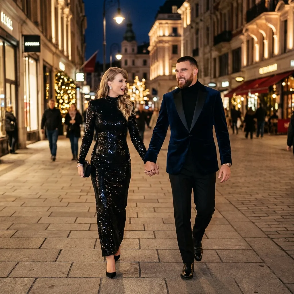 Taylor Swift and Travis Kelce holding hands while walking outside, dressed in stylish evening wear.