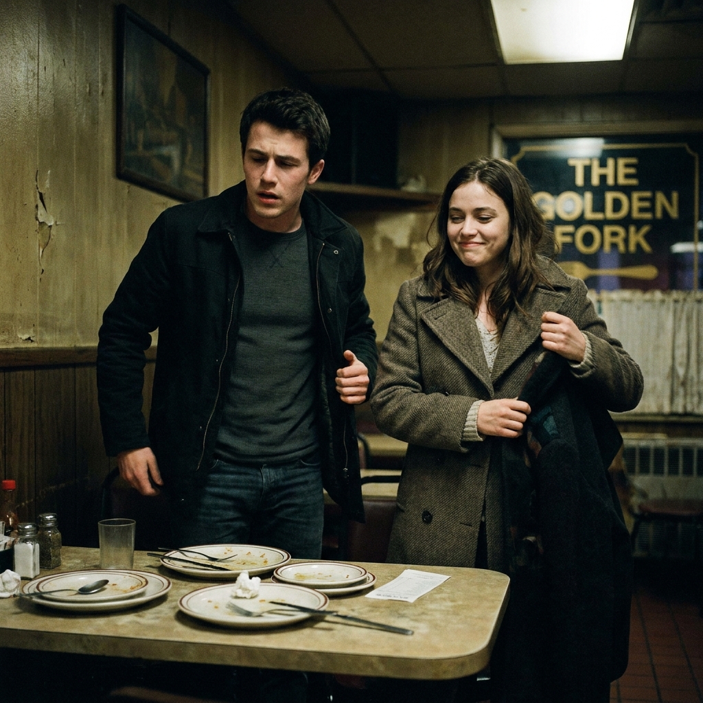 A young couple standing up from their restaurant table and putting their coats on to leave, looking disappointed but relieved to be walking out of the establishment.