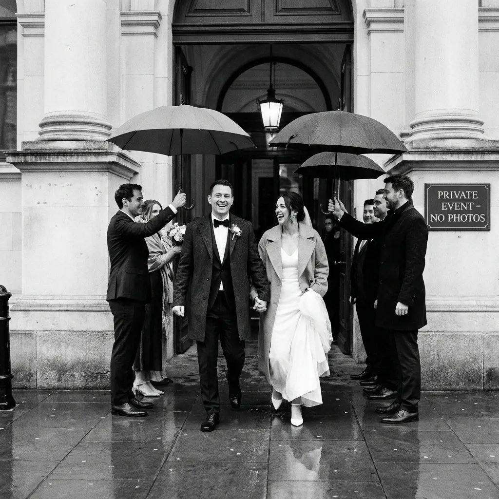 A candid, romantic black-and-white photo of a couple leaving a wedding venue, capturing the intimate vibe meant to be protected by the Taylor Swift wedding guest rules.