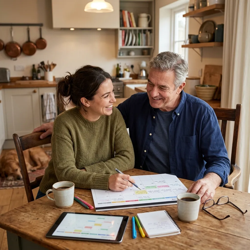 A couple happily planning their week together, showing common dynamics in thriving huge age gap relationships