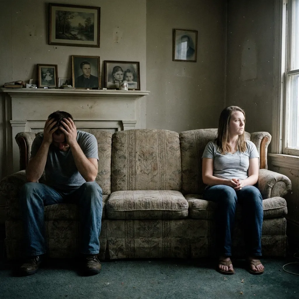 A distressed couple sitting on opposite ends of a sofa, not speaking to each other, illustrating the heavy emotional toll of relationship secrets.