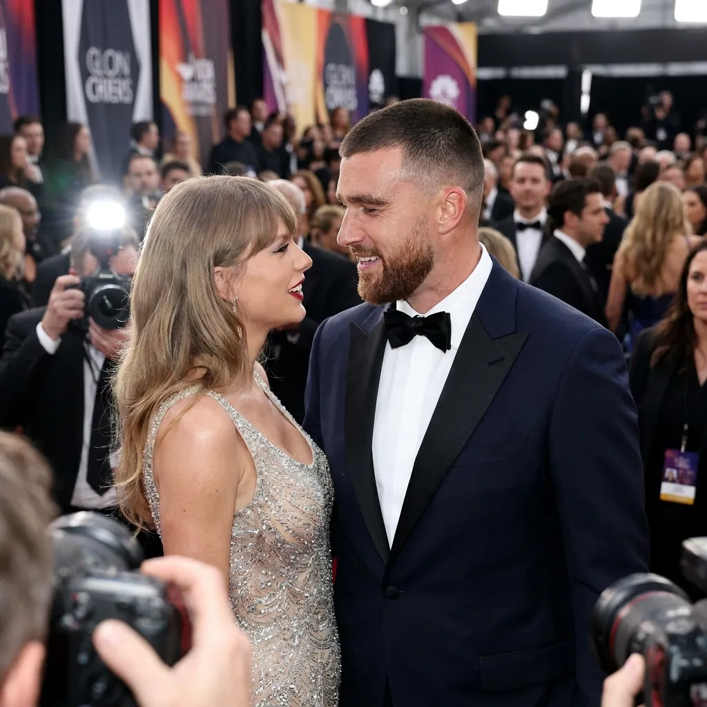 Taylor Swift and Travis Kelce smiling brightly and looking lovingly at each other at a high-profile event, representing their highly publicized romance.