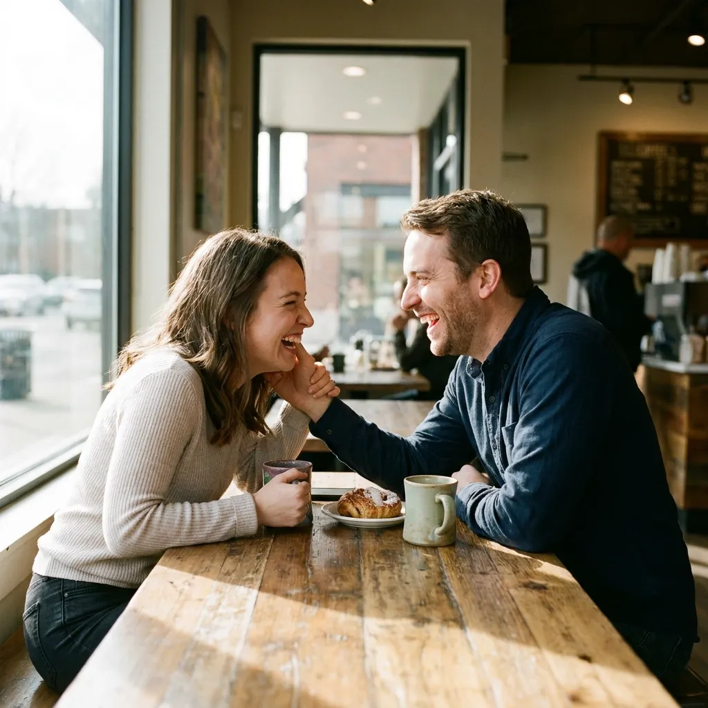 A candid, warm-toned photograph of a couple genuinely smiling and laughing together at a coffee shop, leaning across a table with no phones present, showing real connection and authentic engagement.