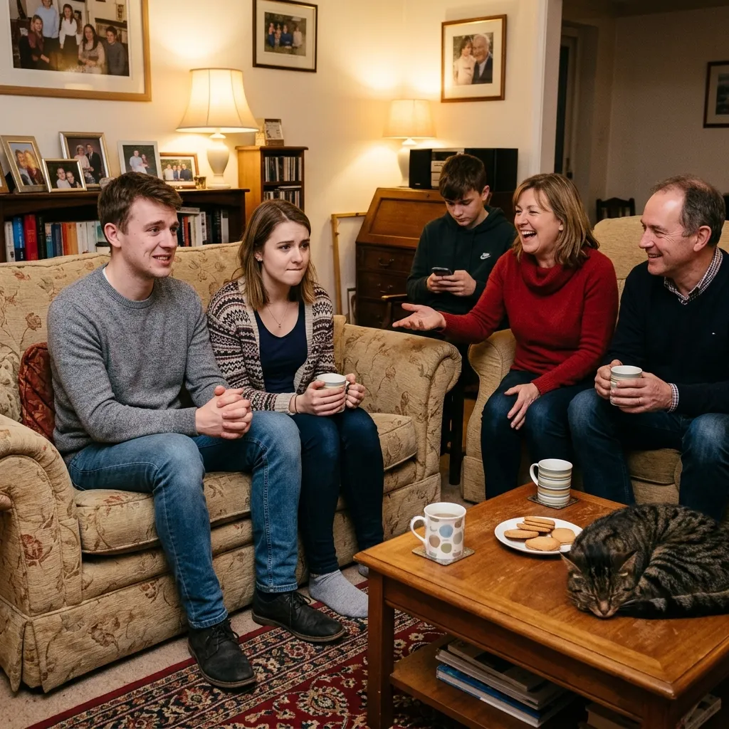 A young couple sitting on a sofa during an awkward visit with the partner's family, featuring a sleeping cat on the coffee table.