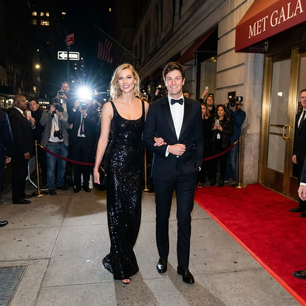 Karlie Kloss and her husband Joshua Kushner dressed in glamorous formal evening wear, walking arm-in-arm toward a high-profile celebrity event in New York City.